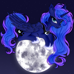 Size: 1500x1500 | Tagged: safe, artist:mite-lime, princess luna, alicorn, pony, g4, cute, ear fluff, female, full moon, lidded eyes, looking at you, lunabetes, macro, mare, moon, night, pony bigger than a planet, prone, sky, solo, starry night, stars, tangible heavenly object