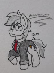 Size: 1997x2663 | Tagged: safe, artist:drheartdoodles, oc, oc:sketch draw more, earth pony, pony, clothes, earth pony oc, full body, necktie, smiling, suit, traditional art, tuxedo
