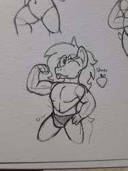 Size: 4128x3096 | Tagged: safe, artist:drheartdoodles, oc, oc:dr.heart, clydesdale, anthro, buff, crotch bulge, flexing, hand on hip, muscles, one eye closed, sketch, tongue out, traditional art, wink