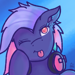 Size: 768x768 | Tagged: safe, artist:legionsunite, oc, oc:bit rate, earth pony, pony, cute, headphones, one eye closed, signature, simple background, tongue out, wink