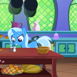 Size: 884x884 | Tagged: safe, screencap, trixie, pony, unicorn, all bottled up, g4, cropped, female, kitchen, mare, salt and pepper shakers, solo, twilight's castle