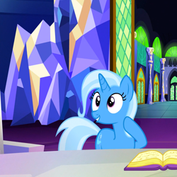 Size: 980x980 | Tagged: safe, screencap, trixie, pony, unicorn, all bottled up, g4, book, cropped, cutie map, female, mare, solo, twilight's castle