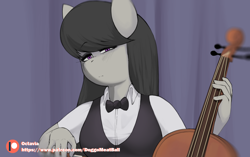 Size: 1278x801 | Tagged: safe, artist:doggomeatball, octavia melody, earth pony, anthro, g4, bow (instrument), bowtie, cello, clothes, digital art, female, looking at you, musical instrument, solo