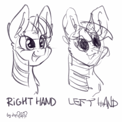 Size: 1024x1024 | Tagged: safe, artist:dsp2003, twilight sparkle, pony, unicorn, g4, bust, cute, female, mare, monochrome, nightmare fuel, open mouth, portrait, right hand and left hand challenge, signature, simple background, sketch, there was an attempt, twiabetes, white background