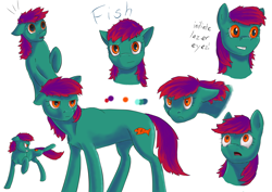 Size: 6960x4923 | Tagged: safe, artist:firefly_sunset, artist:piiec, oc, oc only, oc:fish, earth pony, fish, pony, angry, bucking, cutie mark, earth pony oc, female, flaming eyes, gritted teeth, hooves, mane, mare, simple background, smiling, solo, surprised, tail, unamused, white background