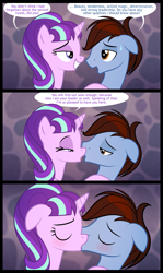 Size: 1063x1778 | Tagged: safe, artist:culu-bluebeaver, starlight glimmer, oc, oc:bluehooves, earth pony, pony, unicorn, comic:the newcomer, g4, bedroom eyes, blushing, canon x oc, comic, dialogue, eyes closed, female, glimmooves, kissing, lidded eyes, looking at each other, male, mare, messy mane, open mouth, passionate, s5 starlight, smiling, stallion, sweat, sweatdrop, tongue out