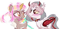Size: 1280x623 | Tagged: safe, artist:bxby-mochi, artist:madelnheaven, oc, oc:diva, oc:rowan, bat pony, pony, unicorn, colored horn, female, horn, mare, nose piercing, nose ring, piercing, simple background, transparent background
