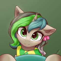 Size: 2000x2000 | Tagged: safe, artist:astery, derpibooru exclusive, oc, oc only, oc:star shadow, pony, unicorn, clothes, female, gradient background, green background, high res, looking at you, mare, scarf, simple background, solo
