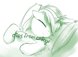 Size: 654x483 | Tagged: safe, artist:some_ponu, lyra heartstrings, pony, unicorn, g4, bed, blanket, cringing, dies from cringe, eyes closed, female, floppy ears, frown, implied death, mare, monochrome, on back, pillow, sketch, solo