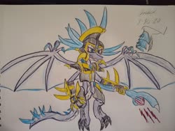 Size: 4096x3072 | Tagged: safe, artist:theironwolf45, oc, oc only, oc:dragon lord ragnarok, dragon, anthro, ark survival evolved, armor, bracer, colored pencil drawing, fantasy class, helmet, ice, ice wyvern, male, solo, spread wings, staff, traditional art, warrior, weapon, wings