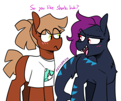 Size: 639x531 | Tagged: safe, artist:redxbacon, oc, oc only, oc:bloody crunch, oc:calamari sunrise, earth pony, original species, pony, shark, shark pony, dialogue, duo, looking at each other, simple background, white background