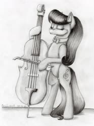 Size: 2264x3041 | Tagged: safe, artist:brilliant-luna, octavia melody, earth pony, pony, g4, bow (instrument), bowtie, cello, clothes, female, grayscale, high res, monochrome, musical instrument, solo, traditional art