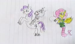 Size: 3756x2240 | Tagged: safe, artist:horsesplease, fluttershy, rarity, mermaid, merpony, pegasus, pony, seapony (g4), unicorn, wolf, g4, animal crossing, armor, clothes, high res, lined paper, rearing, riding, seaponified, seapony fluttershy, species swap, sword, traditional art, weapon, whitney (animal crossing)