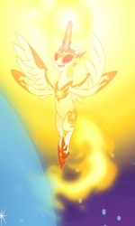Size: 561x933 | Tagged: safe, screencap, daybreaker, alicorn, pony, a royal problem, g4, armor, bright, cropped, dream realm, female, fire, flying, glowing eyes, glowing horn, helmet, hoof shoes, horn, magic, mane of fire, mare, powerful, red eyes, sin of pride, solo, spread wings, tail of fire, wing armor, wings