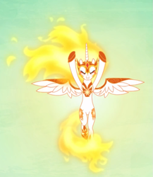 Size: 649x746 | Tagged: safe, screencap, daybreaker, alicorn, pony, a royal problem, g4, armor, arrogant, both cutie marks, chestplate, cropped, evil grin, eyes closed, female, fire, flying, grin, helmet, hoof shoes, hooves in air, mane of fire, mare, red eyes, smiling, solo, spread wings, squint, tail of fire, wing armor, wings