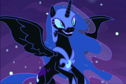 Size: 1408x939 | Tagged: safe, screencap, nightmare moon, alicorn, pony, a royal problem, g4, armor, chestplate, concave belly, cropped, dream realm, ethereal mane, ethereal tail, evil smile, female, flowing mane, flying, grin, helmet, hoof shoes, mare, peytral, princess shoes, slender, slit pupils, smiling, solo, sparkling mane, spread wings, starry mane, starry tail, tail, thin, wings