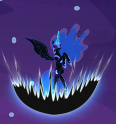 Size: 508x543 | Tagged: safe, screencap, nightmare moon, pony, a royal problem, g4, cropped, eyes closed, female, glowing horn, horn, magic, magic aura, powering up, solo, spread wings, wings