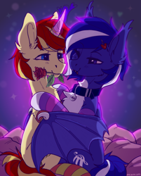 Size: 1607x2000 | Tagged: safe, artist:kotya, oc, oc only, oc:lorenzo lovers, oc:rainey lovers, bat pony, pony, unicorn, clothes, collar, flower, flower in mouth, hairpin, hug, magic, mouth hold, pillow, rose, socks, sparkles, striped socks, winghug