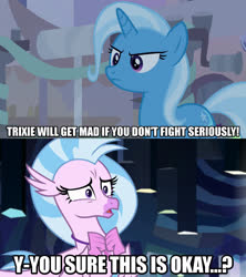 Size: 1280x1440 | Tagged: safe, edit, edited screencap, screencap, silverstream, trixie, hippogriff, pony, g4, road to friendship, what lies beneath, caption, female, image macro, mare, meme, text