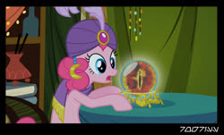 Size: 1288x778 | Tagged: safe, edit, edited screencap, editor:teren rogriss, screencap, pinkie pie, earth pony, pony, g4, it's about time, crossover, crystal ball, eye of sauron, lord of the rings, madame pinkie, palantir, sauron