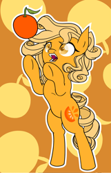 Size: 1711x2665 | Tagged: safe, artist:thehuskylord, oc, oc only, earth pony, pony, cutie mark, food, foodpony, mane, orange, orange background, simple background, solo, standing, surprised, tail, worship