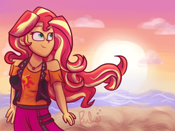 Size: 2000x1500 | Tagged: safe, artist:bubbly-storm, sunset shimmer, equestria girls, equestria girls series, g4, beach, clothes, cloud, cutie mark, cutie mark on clothes, female, geode of empathy, magical geodes, signature, skirt, smiling, solo, sun, sunset, vest