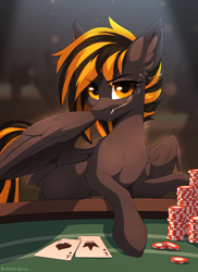 Size: 1200x1645 | Tagged: safe, artist:redchetgreen, oc, oc only, pegasus, pony, ace of spades, casino, cigarette, king of spades, looking at you, male, playing card, poker, poker chips, smoking, solo, texas hold'em