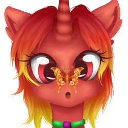 Size: 2000x2000 | Tagged: safe, artist:ekkosan, oc, oc only, oc:sun fire, alicorn, butterfly, pony, butterfly on nose, collar, commission, high res, insect on nose, simple background, surprised, transparent background