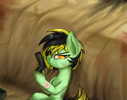 Size: 3800x3000 | Tagged: safe, artist:ktk's sky, oc, oc only, oc:hjxs, earth pony, pony, bandage, battlefield, blood, gun, high res, scar, solo, trench, weapon