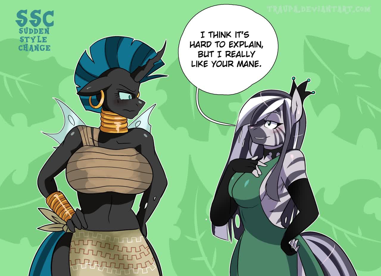 1280px x 928px - 2309914 - safe, artist:traupa, queen chrysalis, zecora, changeling,  changeling queen, zebra, anthro, alternate hairstyle, backless, big  breasts, breasts, busty queen chrysalis, busty zecora, clothes, clothes  swap, duo, ear piercing, evening, evening ..