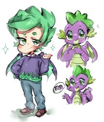 Size: 925x1076 | Tagged: safe, artist:kmprsyaa, spike, dragon, human, g4, baby, baby dragon, clothes, cute, humanized, jeans, pants, shoes, simple background, smiling, speech bubble, spikabetes, sweater, white background, winged humanization, winged spike, wings