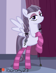Size: 872x1127 | Tagged: safe, artist:tabrony23, inky rose, pegasus, pony, g4, bedroom eyes, bipedal, braid, clothes, commission, eyeshadow, female, hoof hold, makeup, mare, patreon, patreon logo, riding crop, show accurate, socks, solo, striped socks, twin braids