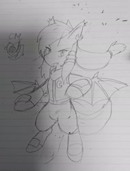 Size: 1554x2048 | Tagged: safe, artist:omegapony16, oc, oc only, oc:oriponi, bat pony, pony, bat pony oc, bat wings, bipedal, clothes, ear piercing, earring, jewelry, lineart, lined paper, piercing, scarf, smiling, solo, spread wings, traditional art, wings