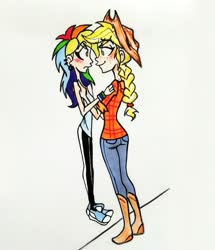Size: 2715x3159 | Tagged: safe, artist:citi, applejack, rainbow dash, human, g4, blushing, converse, female, high res, humanized, lesbian, ship:appledash, shipping, shoes, size difference