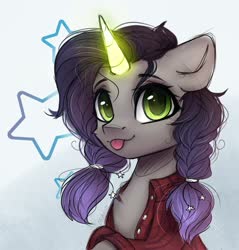 Size: 1280x1339 | Tagged: safe, artist:radioaxi, oc, oc only, oc:moonsonat, pony, unicorn, :p, button-up shirt, clothes, female, floppy ears, glowing horn, horn, looking at you, mare, shirt, solo, tongue out