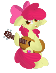 Size: 1024x1326 | Tagged: safe, artist:skyflys, apple bloom, earth pony, pony, g4, adorabloom, bow, cheek fluff, chest fluff, chipped tooth, cute, female, filly, guitar, musical instrument, simple background, solo, transparent background