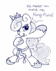 Size: 3218x4096 | Tagged: safe, artist:bobdude0, princess luna, pony, semi-anthro, g4, black belt, female, kung fu, mare, martial arts, monochrome, raised hoof, sketches from a hat, solo, standing, text