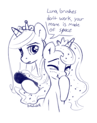 Size: 3300x4200 | Tagged: safe, artist:bobdude0, princess cadance, princess luna, alicorn, pony, g4, boop, brush, brushing, cute, dialogue, duo, duo female, ethereal mane, eyes closed, female, giggling, jewelry, mare, monochrome, no source available, regalia, self-boop, sketch, sketches from a hat
