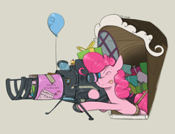 Size: 1300x1000 | Tagged: safe, artist:sinrar, pinkie pie, earth pony, pony, g4, aiming, balloon, cake, cupcake, female, food, launcher, partillery, present, simple background, sketch, solo, tan background