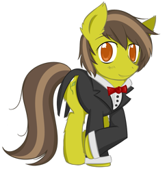 Size: 1011x1035 | Tagged: safe, artist:homumu, oc, oc only, earth pony, pony, bowtie, clothes, earth pony oc, male, raised hoof, simple background, smiling, solo, stallion, suit, transparent background