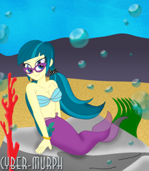 Size: 1512x1736 | Tagged: safe, artist:cyber-murph, juniper montage, mermaid, equestria girls, g4, mirror magic, movie magic, belly, belly button, bracelet, breasts, cleavage, coral, cute, flowing hair, glasses, jewelry, mermaidized, midriff, pearl, pigtails, rock, seashell bra, sitting, species swap, underwater