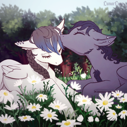 Size: 800x800 | Tagged: safe, artist:lunarlacepony, oc, oc only, oc:silver strings, oc:uchawi, pegasus, pony, beautiful, braid, commission, cottagecore, cute, flower, gentle, kissing, lying, nature, outdoors, piercing, prone, ych result