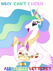 Size: 576x776 | Tagged: safe, princess celestia, g4, 2012, dated, letter, meme, why can't i hold all these x