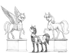 Size: 1400x1077 | Tagged: safe, artist:baron engel, oc, oc only, oc:marble vein, earth pony, pegasus, pony, unicorn, boots, bowtie, clothes, female, grayscale, mare, monochrome, pencil drawing, shoes, simple background, solo, statue, traditional art, vest, white background