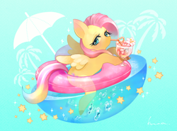 Size: 800x593 | Tagged: safe, artist:kuna4ri, fluttershy, pegasus, pony, g4, blue background, cute, drink, drinking, female, flower, inner tube, mare, palm tree, shyabetes, simple background, solo, stars, straw, tree, umbrella, water