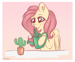 Size: 1085x890 | Tagged: safe, artist:fanaticpanda, fluttershy, pegasus, pony, g4, cactus, cute, ear fluff, female, hoof hold, mare, potted plant, shyabetes, smiling, solo, watering can