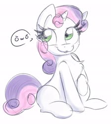Size: 2748x3070 | Tagged: safe, artist:lbrcloud, sweetie belle, pony, unicorn, g4, :3, blank flank, cheek fluff, chest fluff, cute, diasweetes, female, filly, high res, owo, pictogram, simple background, sitting, solo, speech bubble, white background, òwó