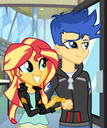 Size: 605x723 | Tagged: safe, artist:loladreamteam, flash sentry, sunset shimmer, equestria girls, g4, clothes, female, jacket, male, ship:flashimmer, shipping, smiling, straight