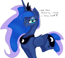 Size: 1084x974 | Tagged: safe, artist:zev, color edit, edit, princess luna, alicorn, pony, g4, colored, female, jewelry, lidded eyes, long neck, looking at you, mare, peytral, princess luneck, question, regalia, simple background, solo