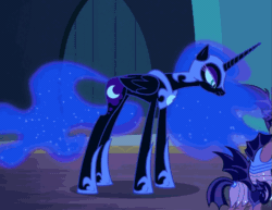 Size: 709x548 | Tagged: safe, screencap, nightmare moon, alicorn, pony, g4, the cutie re-mark, animated, cropped, cute, ethereal hair, ethereal mane, ethereal tail, evil, evil laugh, fangs, female, folded wings, gif, helmet, hoof shoes, horn, jewelry, laughing, long legs, majestic, mare, night guard, peytral, princess shoes, raised hoof, raised leg, regalia, skinny, slender, slit pupils, starry mane, starry tail, tail, tall, thin, wings